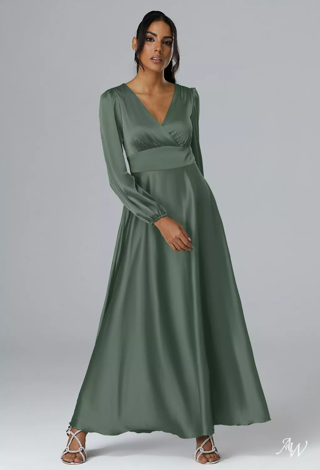 AW Lyndon Dress, Fennel Seed Satin Charmeuse Ankle Length V-Neck